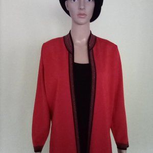 Ming Wang Red Black Trim Cardigan Sweater Jacket Open Front Large